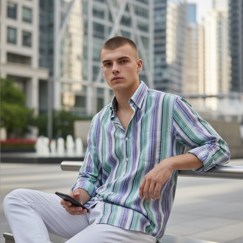 Tailorbyrd Collection Men's Striped Long Sleeve Button‎ Down Shirt, Blue Purple
